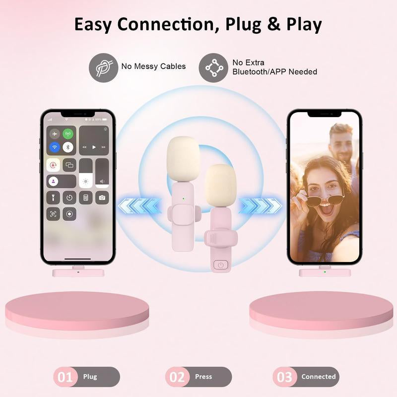 2 Mini Microphones with Clearer Audio for Video Recording, Interview, Vlog，Noise Reduction Device Noise Cancellation Stereo Wireless Vlogging Tools Handheld Mic Microfono Minimic