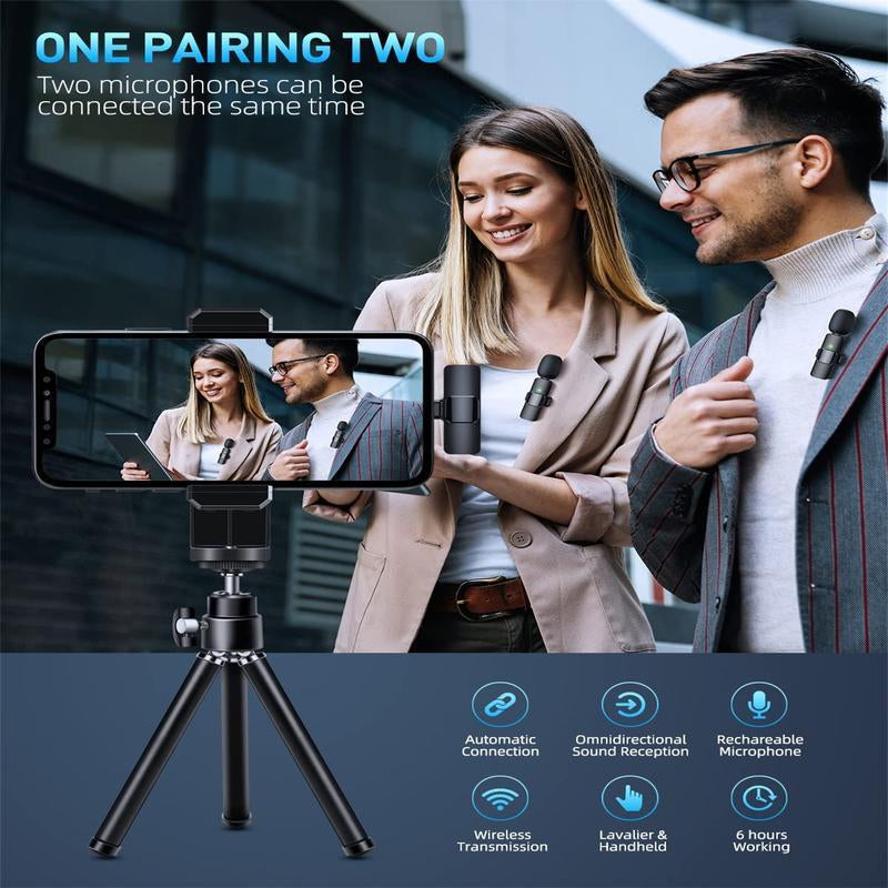 2 Mini Microphones with Clearer Audio for Video Recording, Interview, Vlog，Noise Reduction Device Noise Cancellation Stereo Wireless Vlogging Tools Handheld Mic Microfono Minimic